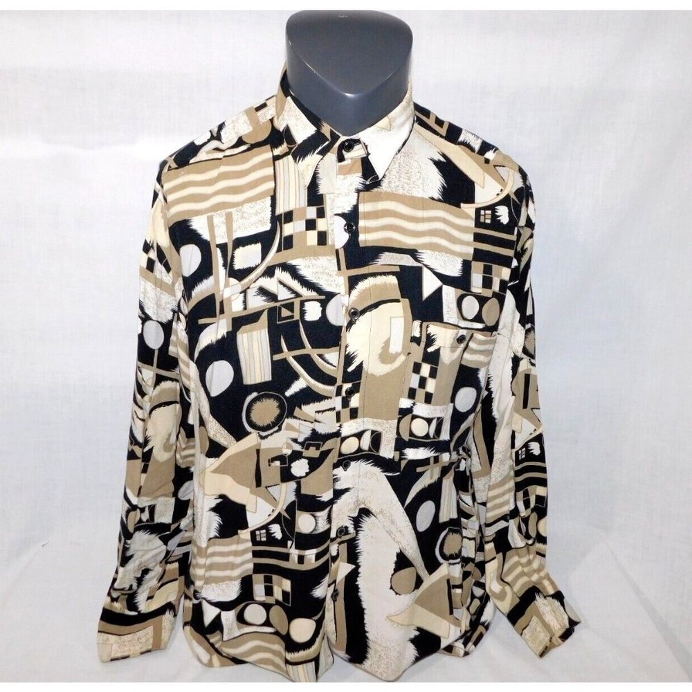 VTG Natural Issue By Feldini Tan Black Geometric Shapes rayon Button Shirt Men L